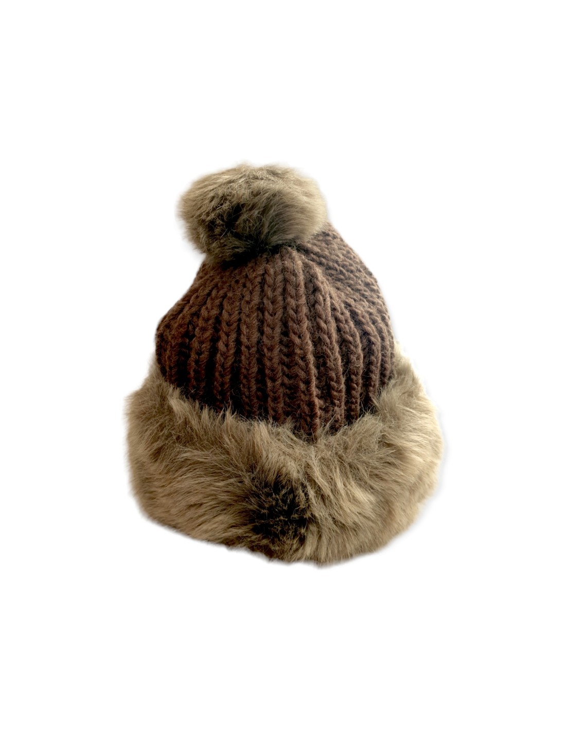 Cappello di lana da donna con risvolto in pelliccia ecologica e pon pon  Marrone chiaro Taglia Unica