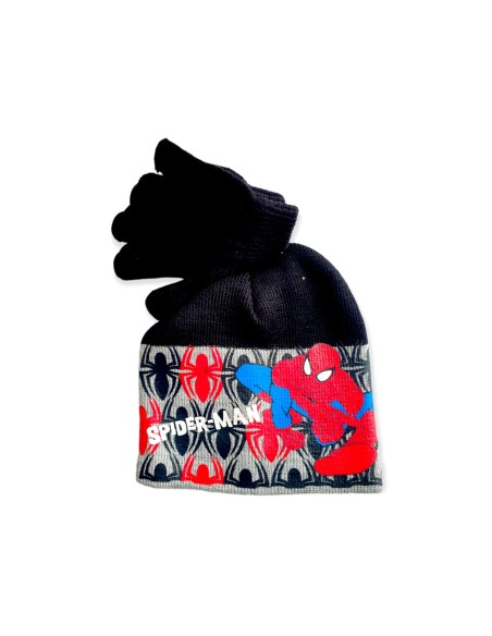 Completo Cappello cuffia + guanti Spiderman invernale Bambino Nero