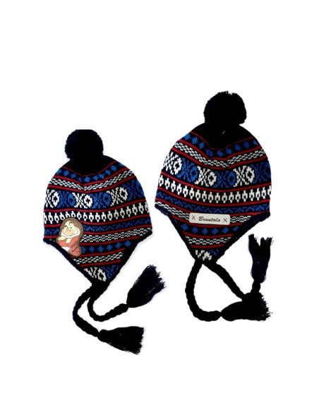 Cappello Peruviano con Pon pon Sette Nani BRONTOLO invernale Bambino Nero  Multicolore